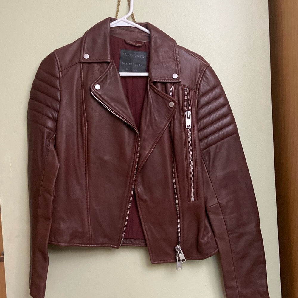 All Saints Brown 100% Sheep Leather Moto Jacket - US size 2 / UK 6